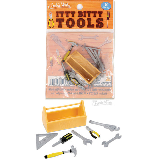 The Itty Bitty Tools set offers a compact and comprehensive kit that includes essentials like a toolbox, hammer, screwdriver, wrench, and additional tools—a perfect choice for aspiring young builders!