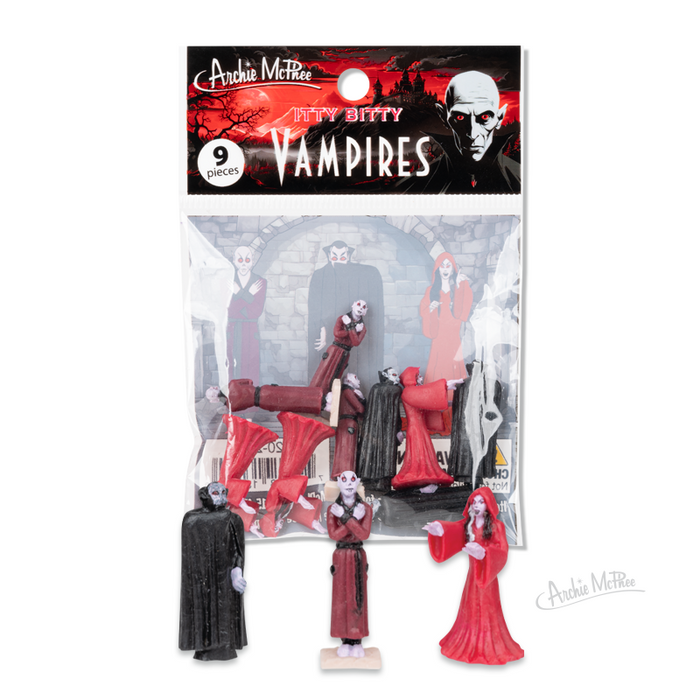 The Itty Bitty Vampires set includes nine small vinyl vampire toys in assorted poses and colors.