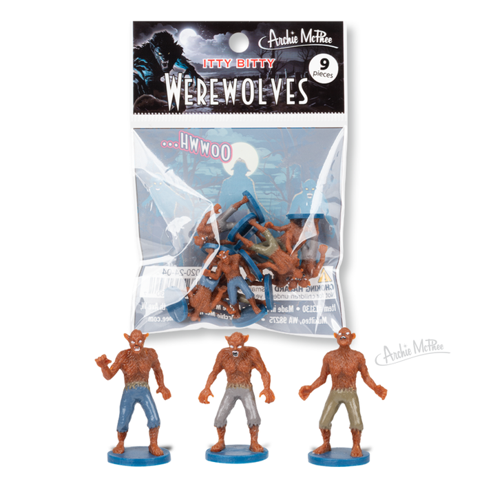 The Itty Bitty Werewolves package shows an illustrated bag containing nine small soft vinyl werewolf figures, with three displayed in front.
