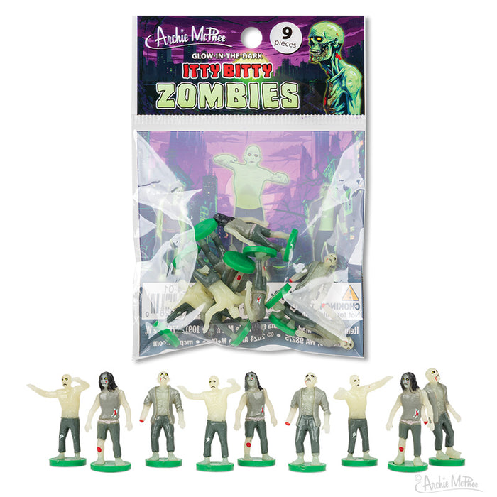 Introducing the Itty Bitty Zombies, an exciting set of glow-in-the-dark zombie figurines made from soft vinyl, each featuring a distinct pose.