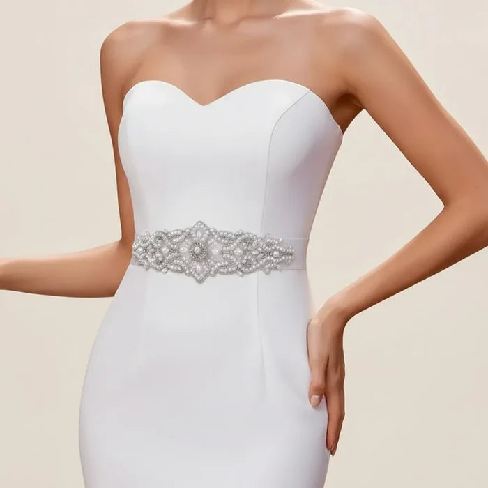 Pearl & Crystal Bridal Belt with Ivory Satin Ribbon | Wedding Sash