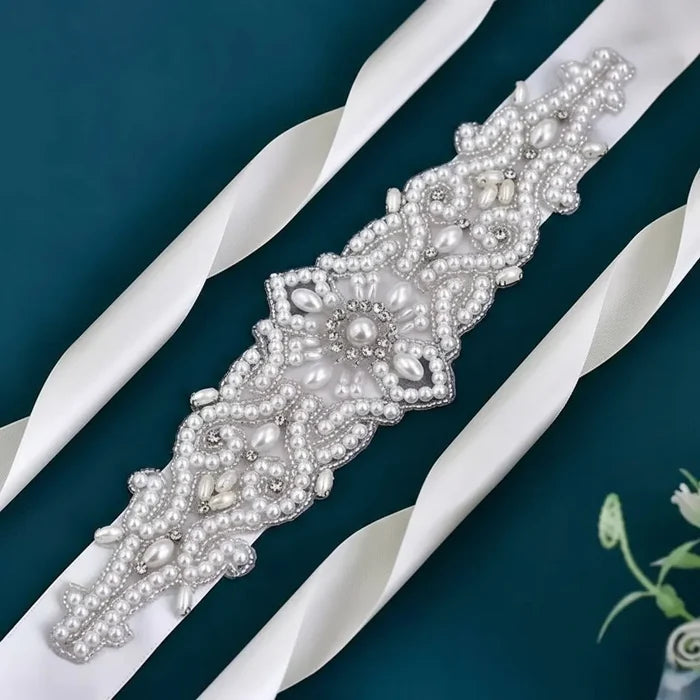 Pearl & Crystal Bridal Belt with Ivory Satin Ribbon | Wedding Sash