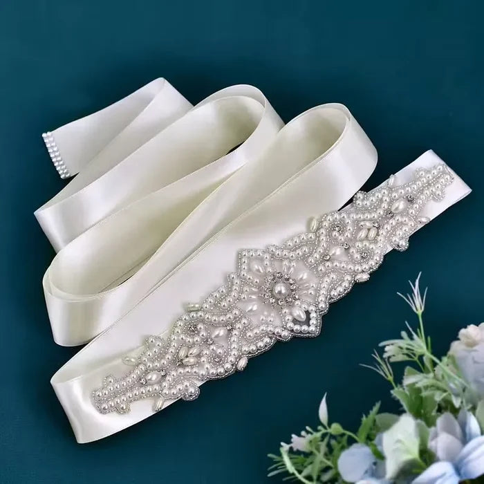 Pearl & Crystal Bridal Belt with Ivory Satin Ribbon | Wedding Sash