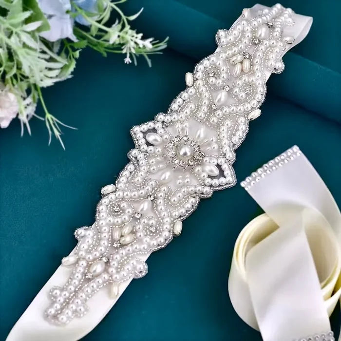 Pearl & Crystal Bridal Belt with Ivory Satin Ribbon | Wedding Sash