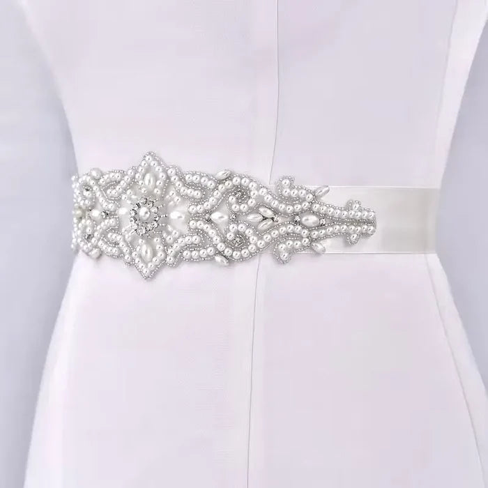 Pearl & Crystal Bridal Belt with Ivory Satin Ribbon | Wedding Sash