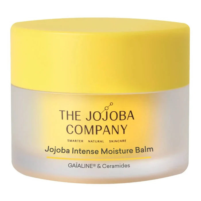 Jojoba Intense Moisture Balm jar with yellow lid & clear pot on a white background.