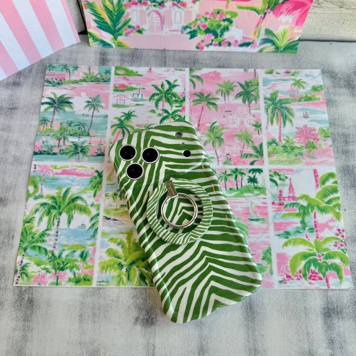 Trendy palm green and white wavy iPhone case featuring a bold zebra print pattern with a high-gloss finish.