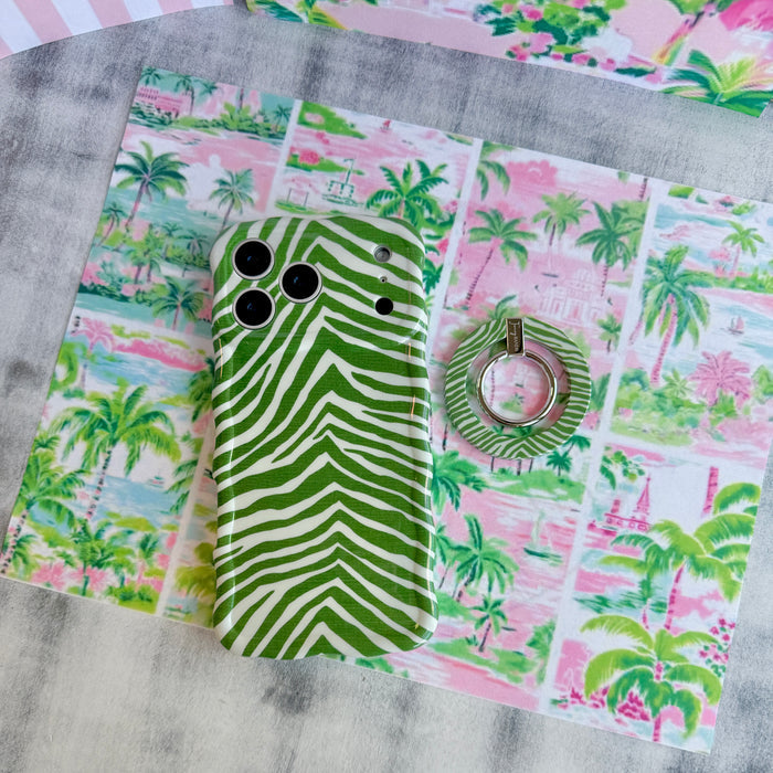 Jungle Queen pattern MagSafe phone grip ring with dark green and white animal stripes compatible with iPhone and Samsung
