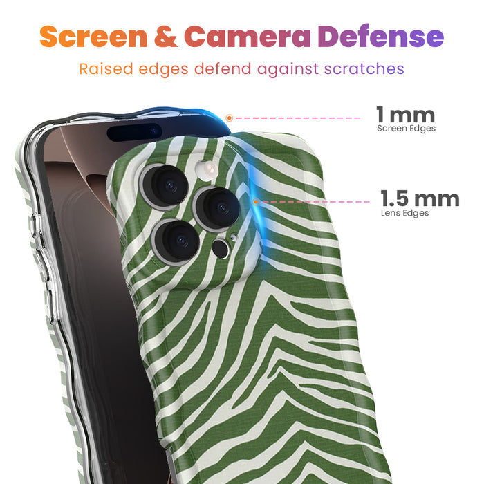 Trendy palm green and white wavy iPhone case featuring a bold zebra print pattern with a high-gloss finish.