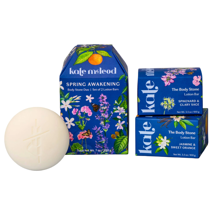 Kate MeLeod lotion bars with packaging on a white background