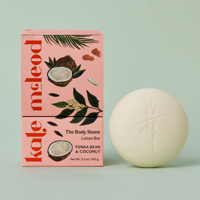 Kate Meleo lotion bar with packaging on a light green background