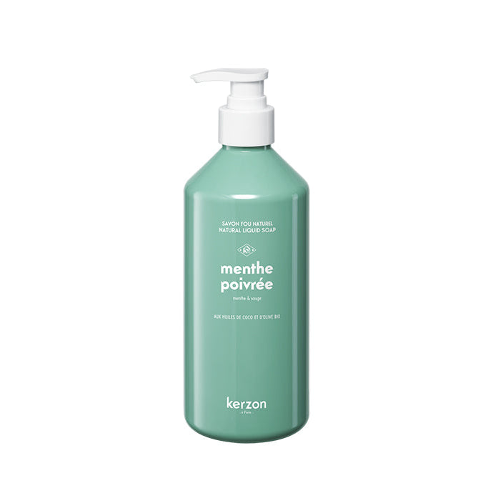 A green bottle of Kerzon Menthe Poivrée Liquid Soap with a pump dispenser, against a white background.