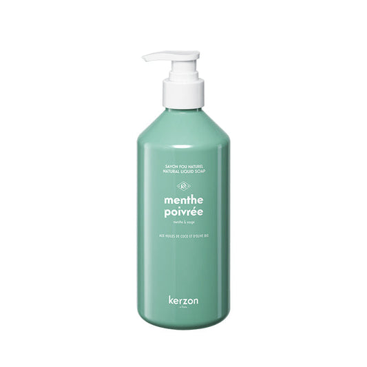 A green bottle of Kerzon Menthe Poivrée Liquid Soap with a pump dispenser, against a white background.