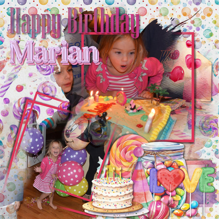 Celebrate the children in your life with these bright and playful watercolor embellishments, papers, word art, and clusters by Lucky Girl Creative digital art for digital scrapbooking. Great for birthday, boys, girls, celebrations, and carnival activities. Embellishments include balloon, monkey, frog, dog, giraffe, rabbit, bear, balloon arch, jumpy house, bounce house, banner, bunting, candle, goodie bag, carousel, car, clown, stars, confetti, cupcake, drink, soda, birthday cake, cake, candy, donut
