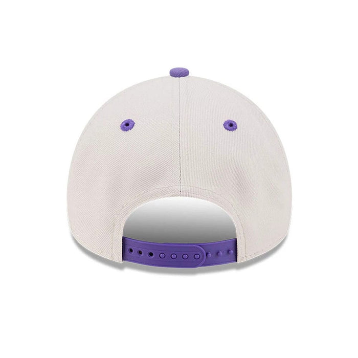 Pictured is this NBA Hardwood Classic LA Lakers 9FORTY A-Frame Adjustable cap in light beige & purple. 7