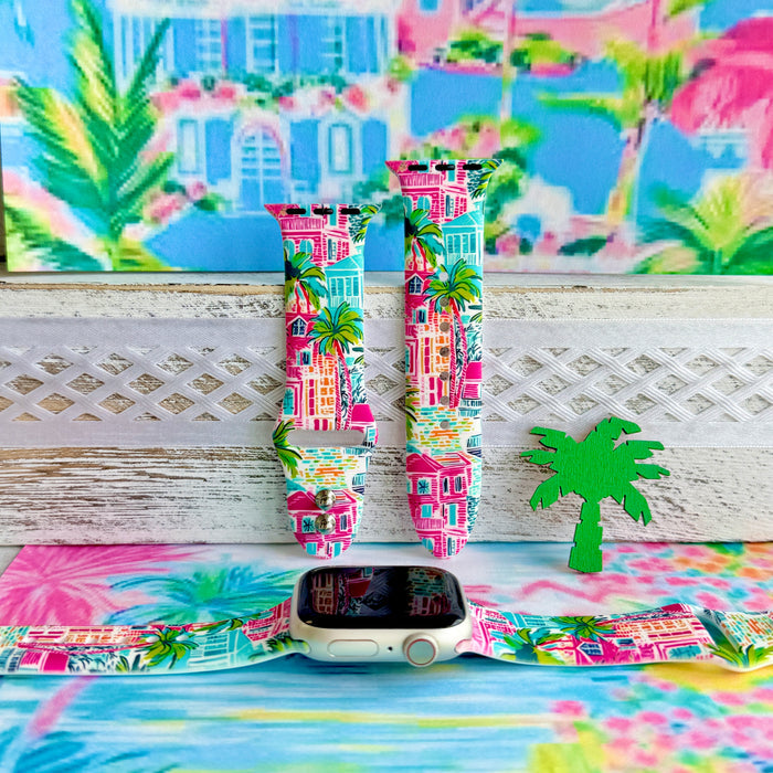 La Palma Villa Apple Watch band with colorful beach houses and palm trees in pink, blue, and turquoise with tropical backdrop