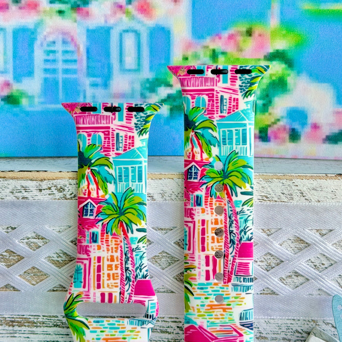 La Palma Villa Apple Watch band with colorful beach houses and palm trees in pink, blue, and turquoise with tropical backdrop