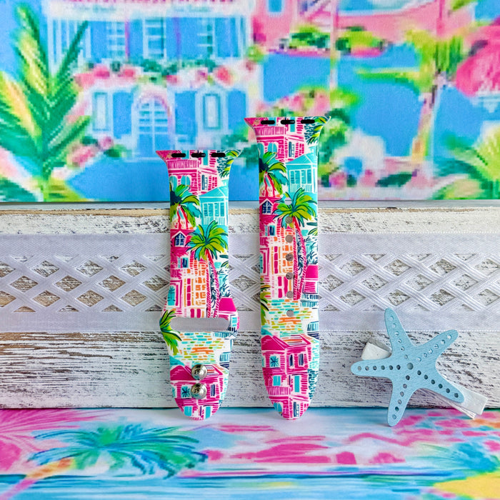 La Palma Villa Apple Watch band with colorful beach houses and palm trees in pink, blue, and turquoise with tropical backdrop