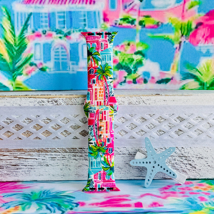 La Palma Villa Apple Watch band with colorful beach houses and palm trees in pink, blue, and turquoise with tropical backdrop