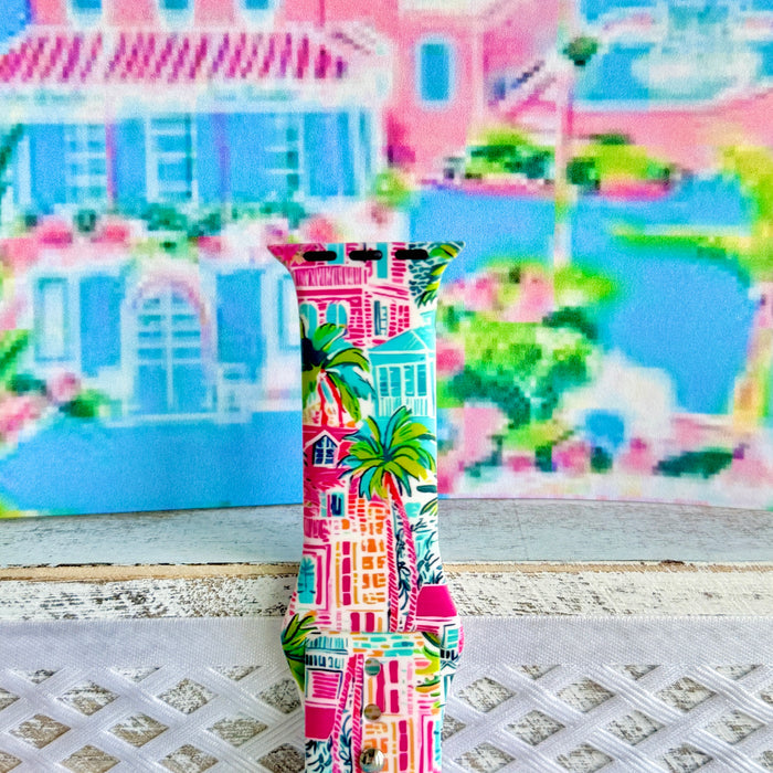 La Palma Villa Apple Watch band with colorful beach houses and palm trees in pink, blue, and turquoise with tropical backdrop