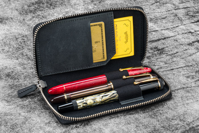Leather Zippered 3 Slots Pen Case - Crazy Horse Black