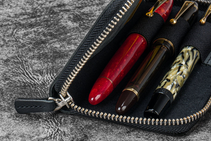 Leather Zippered 3 Slots Pen Case - Crazy Horse Black