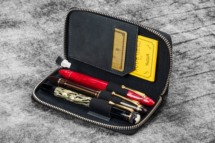 Leather Zippered 3 Slots Pen Case - Crazy Horse Black
