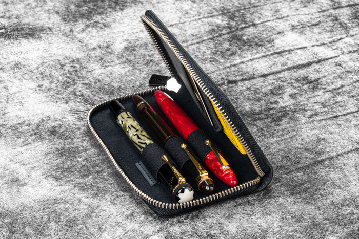 Leather Zippered 3 Slots Pen Case - Crazy Horse Black