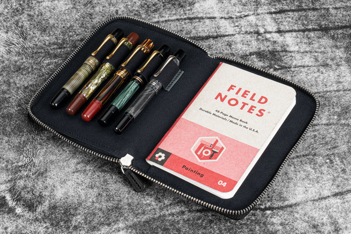 Leather Zippered 5 Slots Pen Case - Crazy Horse Black