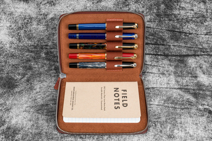 Leather Zippered 5 Slots Pen Case - Pueblo Cognac