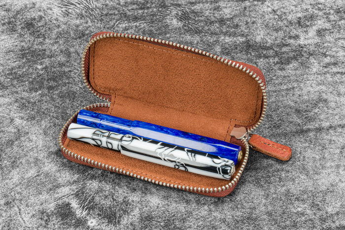Leather Zippered Double Pen Case for Kaweco - Pocket Pen - Pueblo Cognac