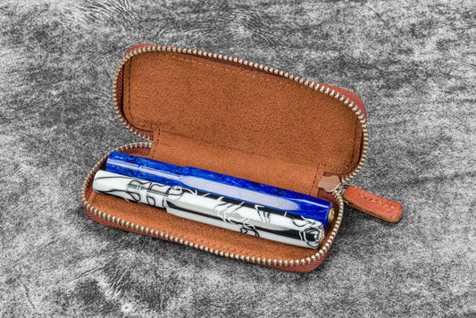 Leather Zippered Double Pen Case for Kaweco - Pocket Pen - Pueblo Cognac
