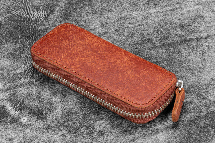 Leather Zippered Double Pen Case for Kaweco - Pocket Pen - Pueblo Cognac