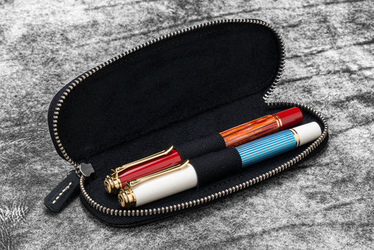 Leather Zippered Duo Slim Pen Case for 2 Pens - Crazy Horse Black