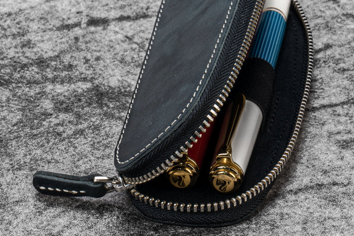 Leather Zippered Duo Slim Pen Case for 2 Pens - Crazy Horse Black
