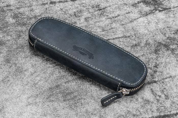 Leather Zippered Duo Slim Pen Case for 2 Pens - Crazy Horse Black