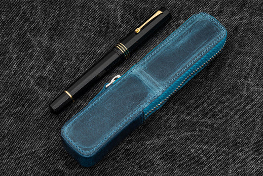 Leather Zippered Magnum Opus Single Hard Pen Case For Oversized Pens & Namiki Emperor - Crazy Horse Ocean Blue