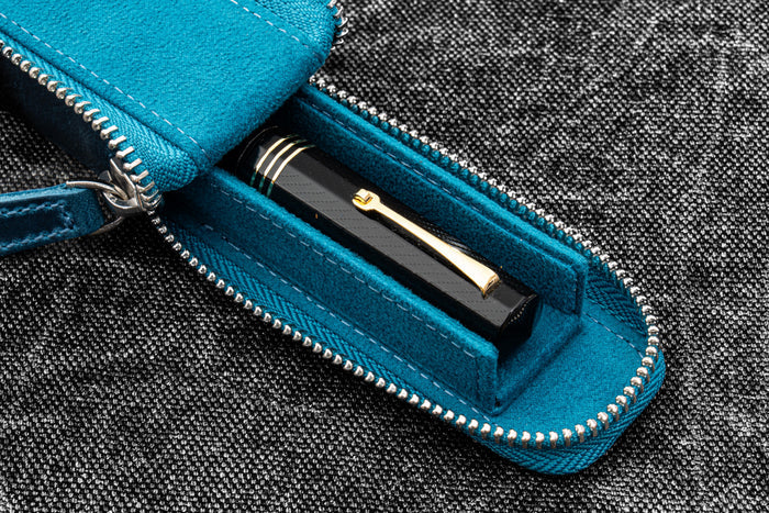 Leather Zippered Magnum Opus Single Hard Pen Case For Oversized Pens & Namiki Emperor - Crazy Horse Ocean Blue