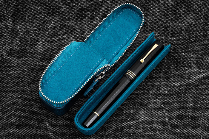 Leather Zippered Magnum Opus Single Hard Pen Case For Oversized Pens & Namiki Emperor - Crazy Horse Ocean Blue