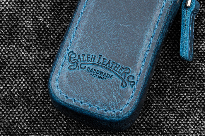 Leather Zippered Magnum Opus Single Hard Pen Case For Oversized Pens & Namiki Emperor - Crazy Horse Ocean Blue