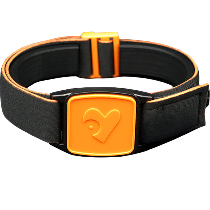 Libreband CGM armband for FreeStyle Libre 2 with orange heart cover and water-resistant neoprene strap on wooden lounger in swimming pool setting