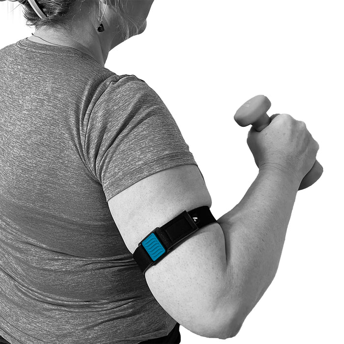 Libreband CGM armband for FreeStyle Libre 3 with teal wave cover and water-resistant neoprene strap worn on upper arm while exercising. LML4818, LML3798, LML3781, LML3774.