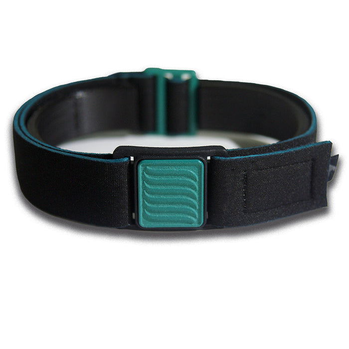 Close-up of Libreband CGM armband for FreeStyle Libre 3 with teal wave cover and water-resistant neoprene strap, for everyday wear, sport and swimming.. LML4818, LML3798, LML3781, LML3774.