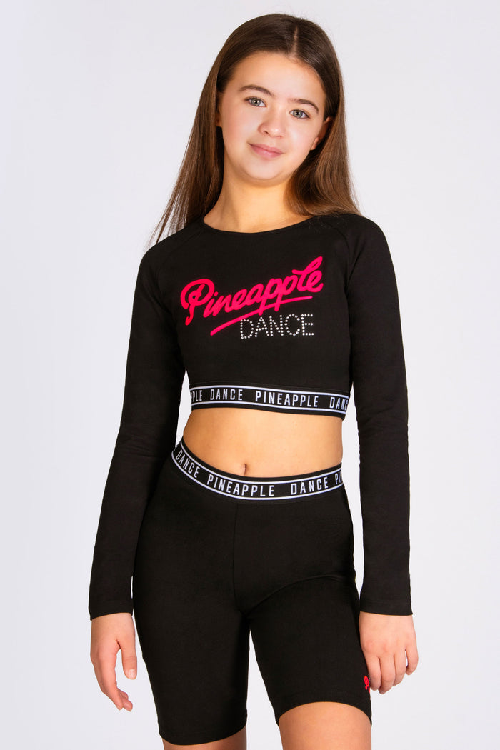 Girls' long sleeve black crop top with Dance diamanté details
