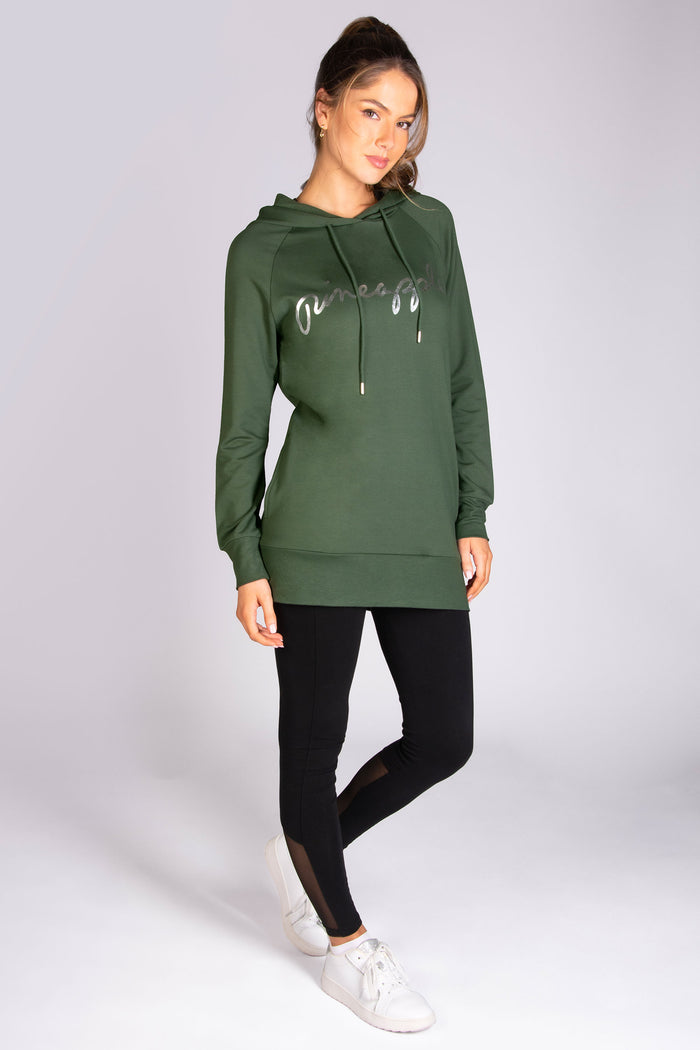 Kianna Louise wearing Khaki oversized hoodie with drwarcords