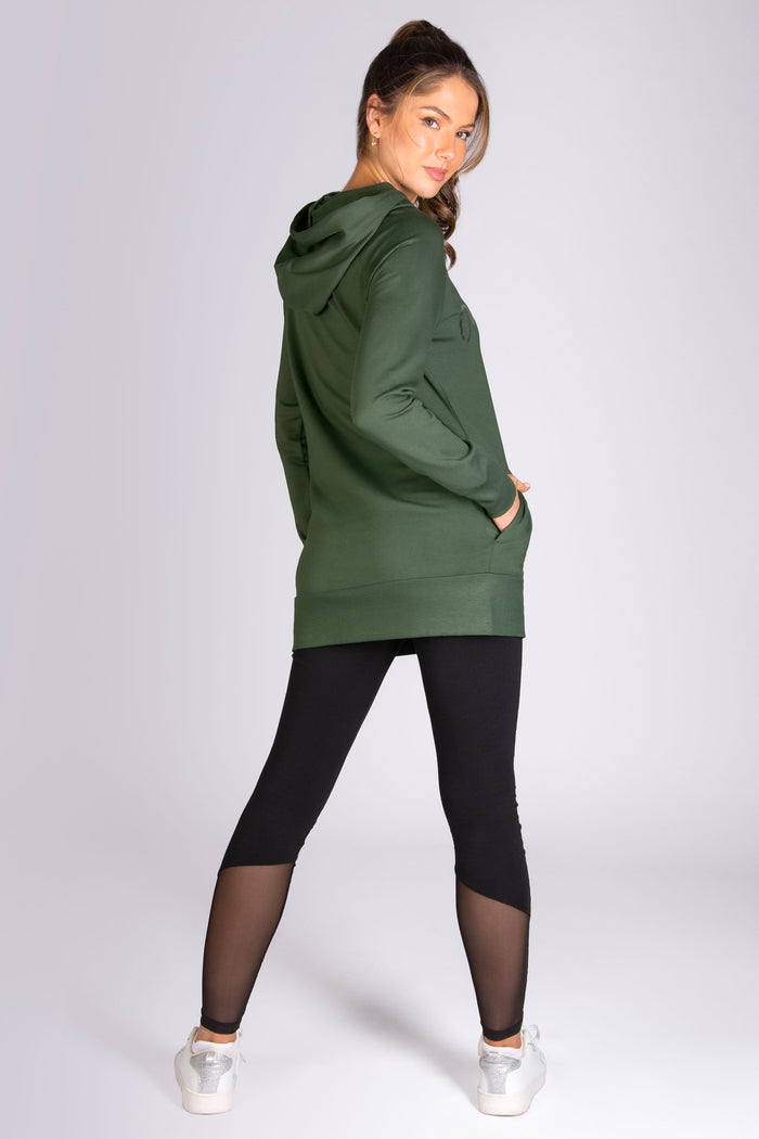Women's khaki hoodie with silver foil chest print