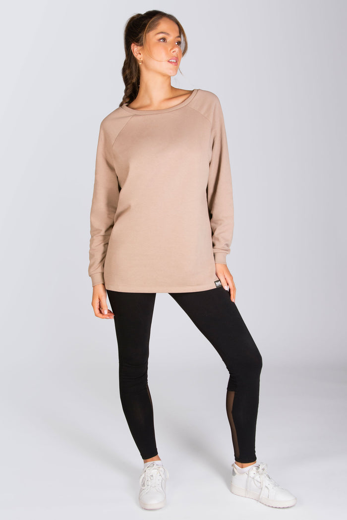 Women's cappuccino jumper in cosy fabric modelled by Kianna Louise