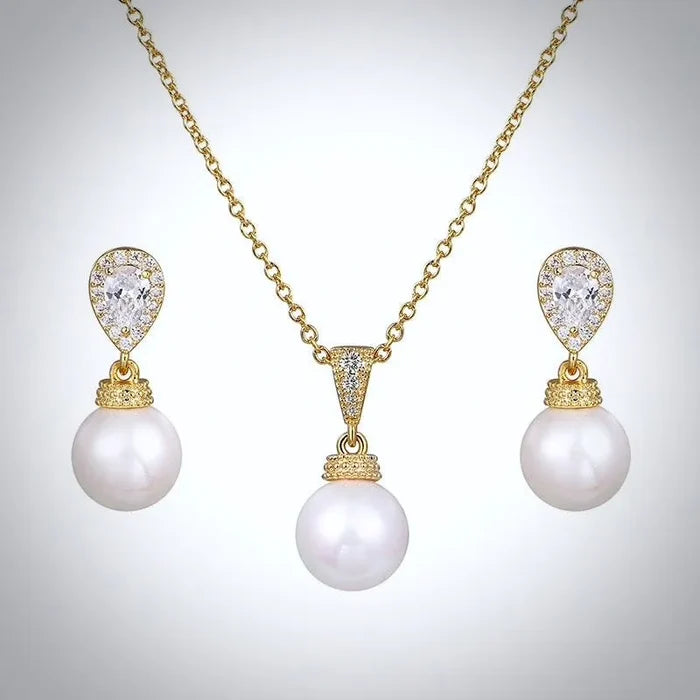 Pearl Wedding Jewelry - Pearl and Cubic Zirconia Jewelry Set - Available in Gold and Silver