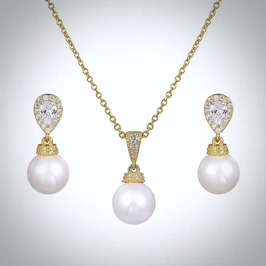 Pearl Wedding Jewelry - Pearl and Cubic Zirconia Jewelry Set - Available in Gold and Silver
