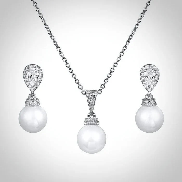 Pearl Wedding Jewelry - Pearl and Cubic Zirconia Jewelry Set - Available in Gold and Silver